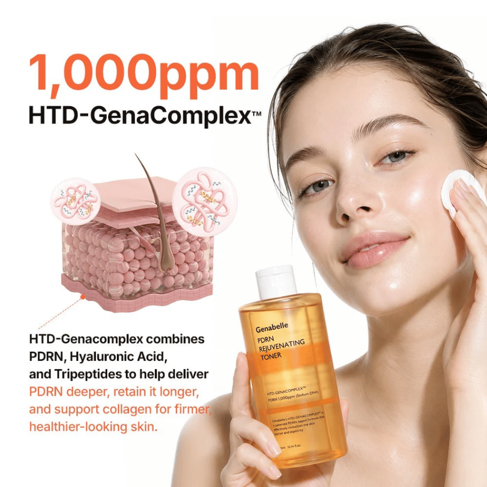 Genabelle PDRN Rejuvenating Toner com HTD-GenaComplex, PDRN, ácido hialurónico e péptidos que hidratam e melhoram a elasticidade da pele.