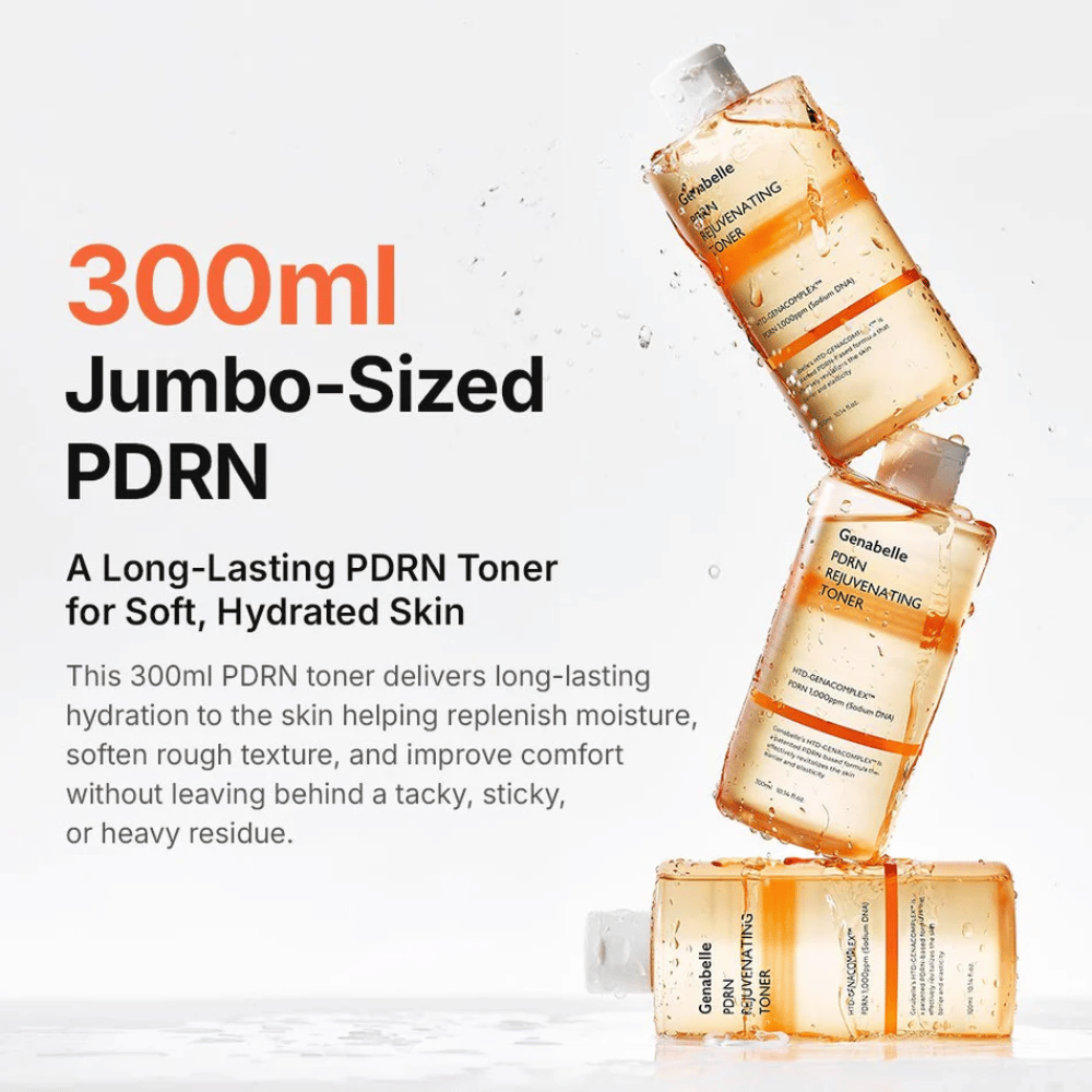 Genabelle PDRN Rejuvenating Toner 300 ml com PDRN que proporciona hidratação de longa duração, pele mais macia e uma sensação de pele fresca sem efeito pegajoso.