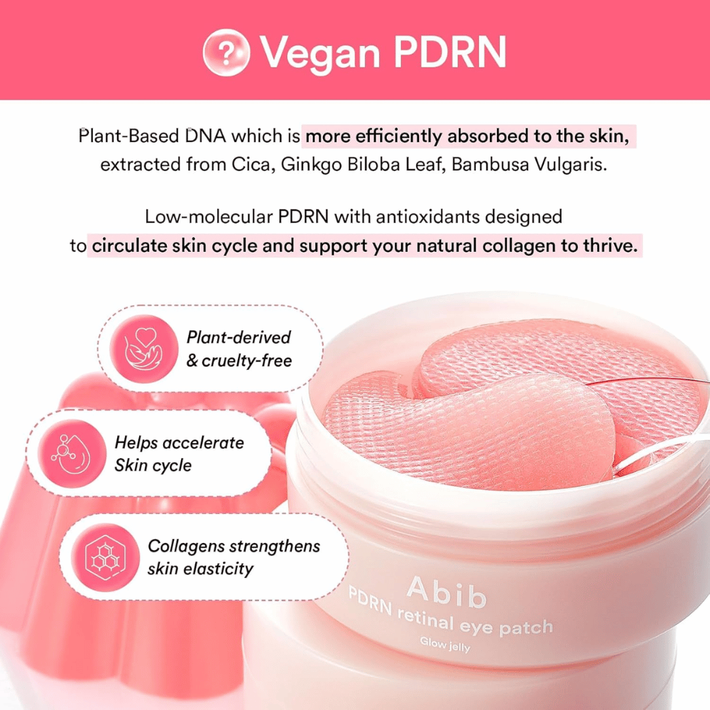 Abib PDRN Retinal Eye Patch Glow Jelly com PDRN vegano de extratos vegetais que fortalece a elasticidade da pele, estimula o colágeno e melhora a estrutura da pele.