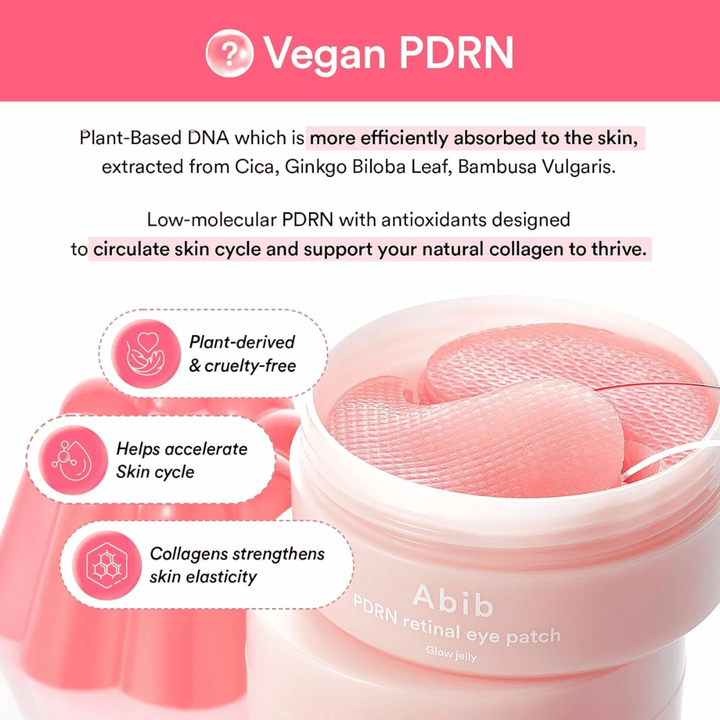 Abib PDRN Retinal Eye Patch Glow Jelly com PDRN vegano de extratos vegetais que fortalece a elasticidade da pele, estimula o colágeno e melhora a estrutura da pele.