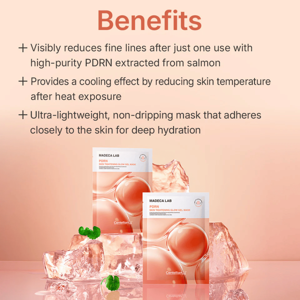 MADECA LAB PDRN Skin Tightening Glow Gel Mask – máscara de gel reafirmante com PDRN de salmão que proporciona efeito refrescante, hidratação intensa e pele visivelmente mais lisa.