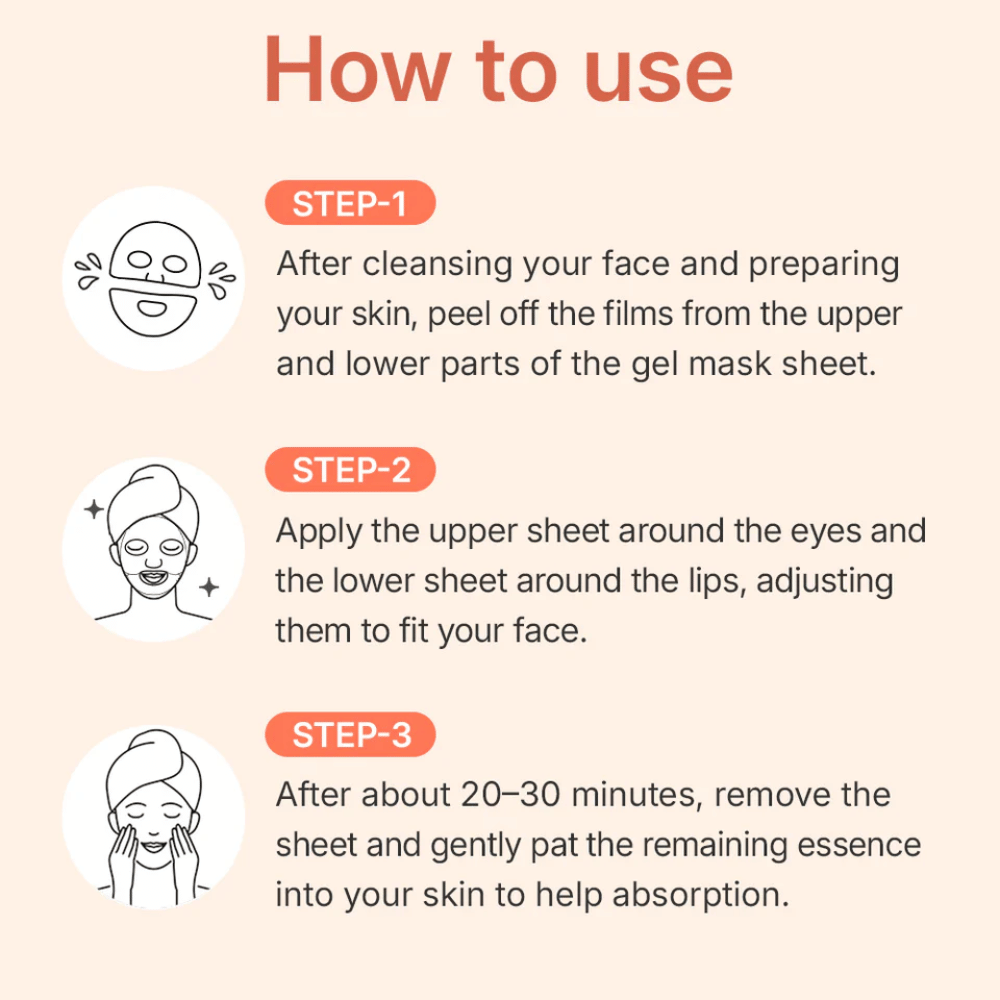 MADECA LAB PDRN Skin Tightening Glow Gel Mask – instruções para uso da máscara de gel em três etapas para absorção ideal, firmeza e hidratação da pele.