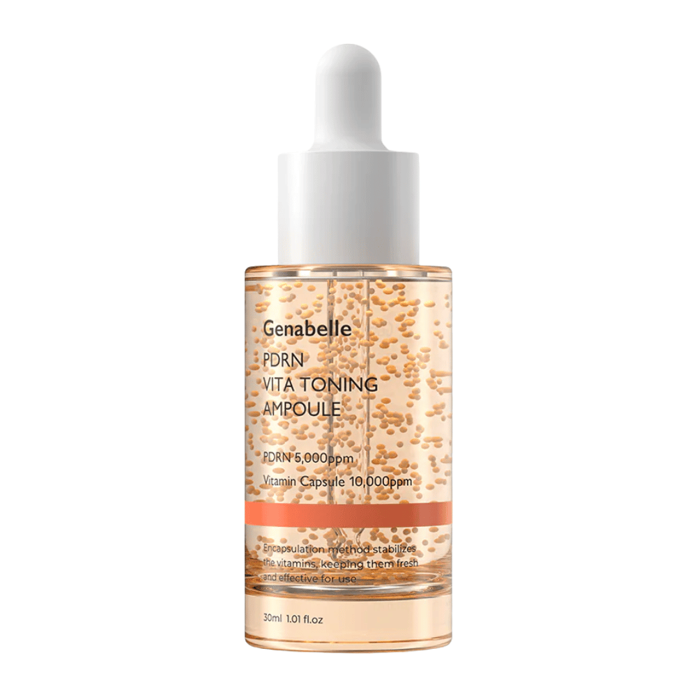 Imagem de produto recortada de Genabelle PDRN Vita Toning Ampoule em frasco de vidro transparente com tampas de conta-gotas brancas e cápsulas de vitaminas visíveis na fórmula do sérum.