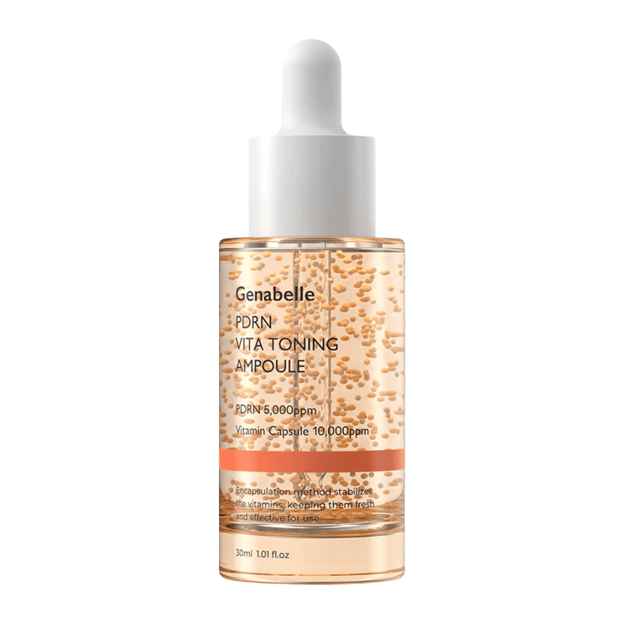 Imagem de produto recortada de Genabelle PDRN Vita Toning Ampoule em frasco de vidro transparente com tampas de conta-gotas brancas e cápsulas de vitaminas visíveis na fórmula do sérum.