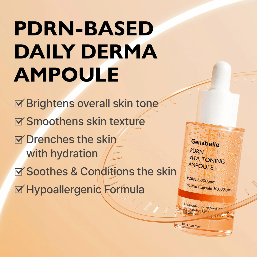 Imagem de produto de Genabelle PDRN Vita Toning Ampoule com texto sobre hidratação, tom de pele mais uniforme e propriedades calmantes para pele sensível com fórmula hipoalergénica.