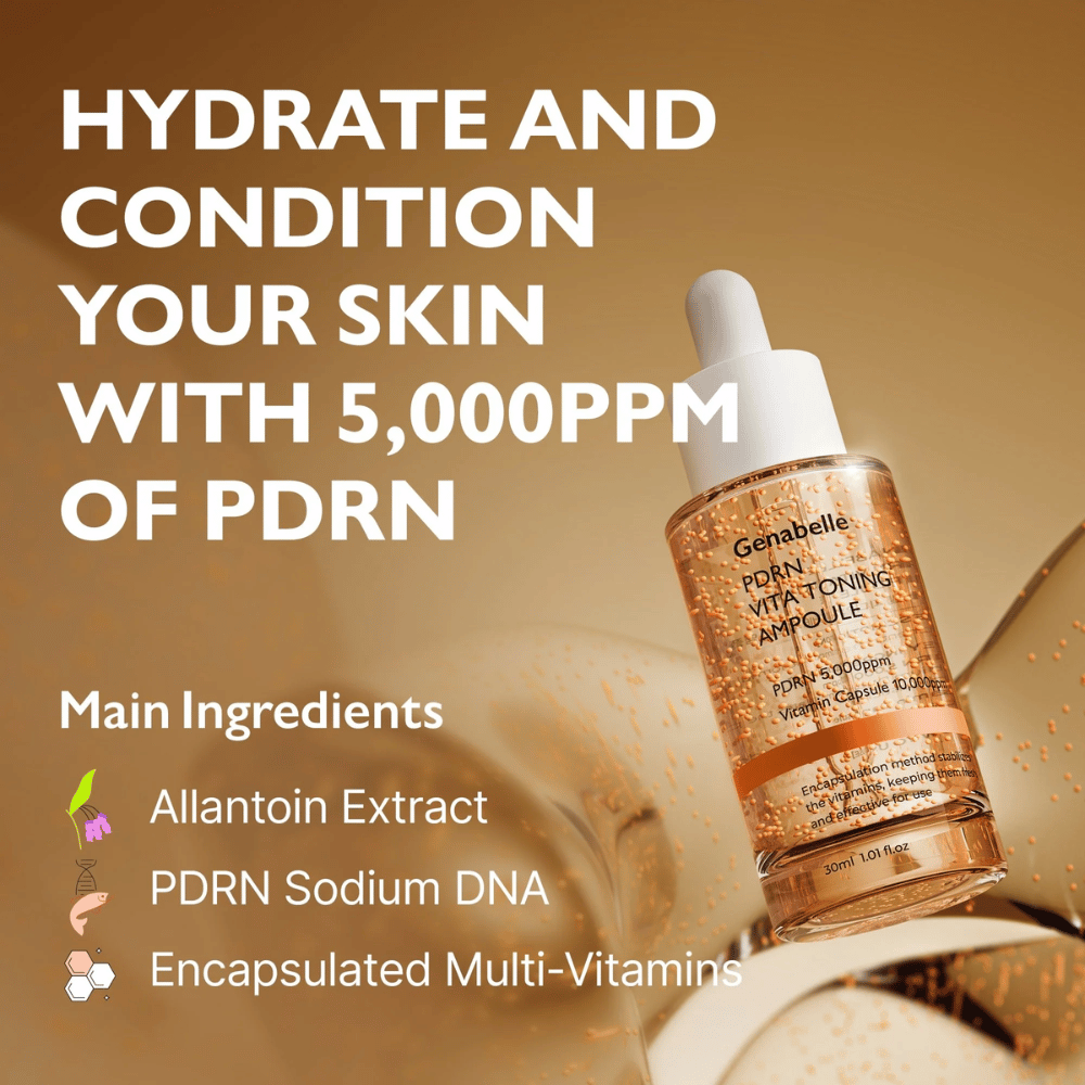 Imagem de campanha para Genabelle PDRN Vita Toning Ampoule com foco na hidratação e PDRN 5000 ppm, bem como ingredientes como cápsulas de vitaminas e Sodium DNA para glow e cuidado da pele.
