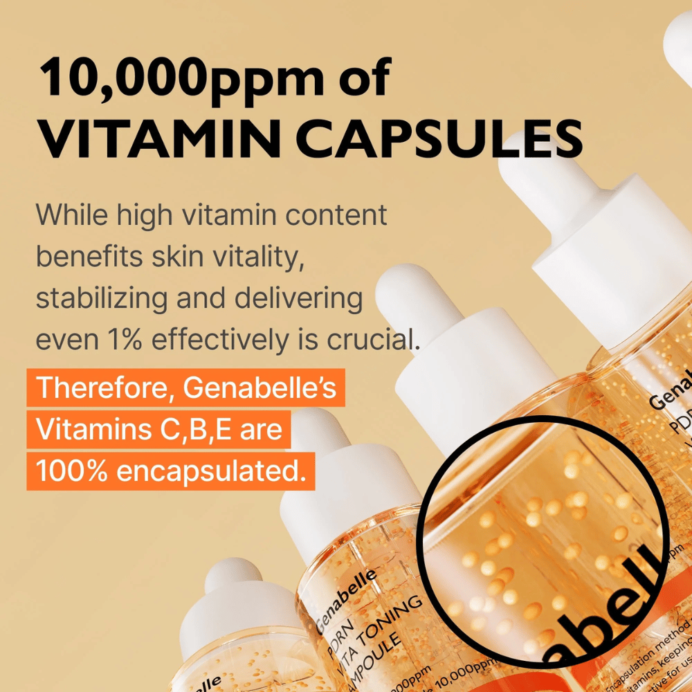 Genabelle PDRN Vita Toning Ampoule com vitaminas encapsuladas no sérum que destacam uma fórmula iluminadora com vitaminas C, B e E para glow e vitalidade da pele.