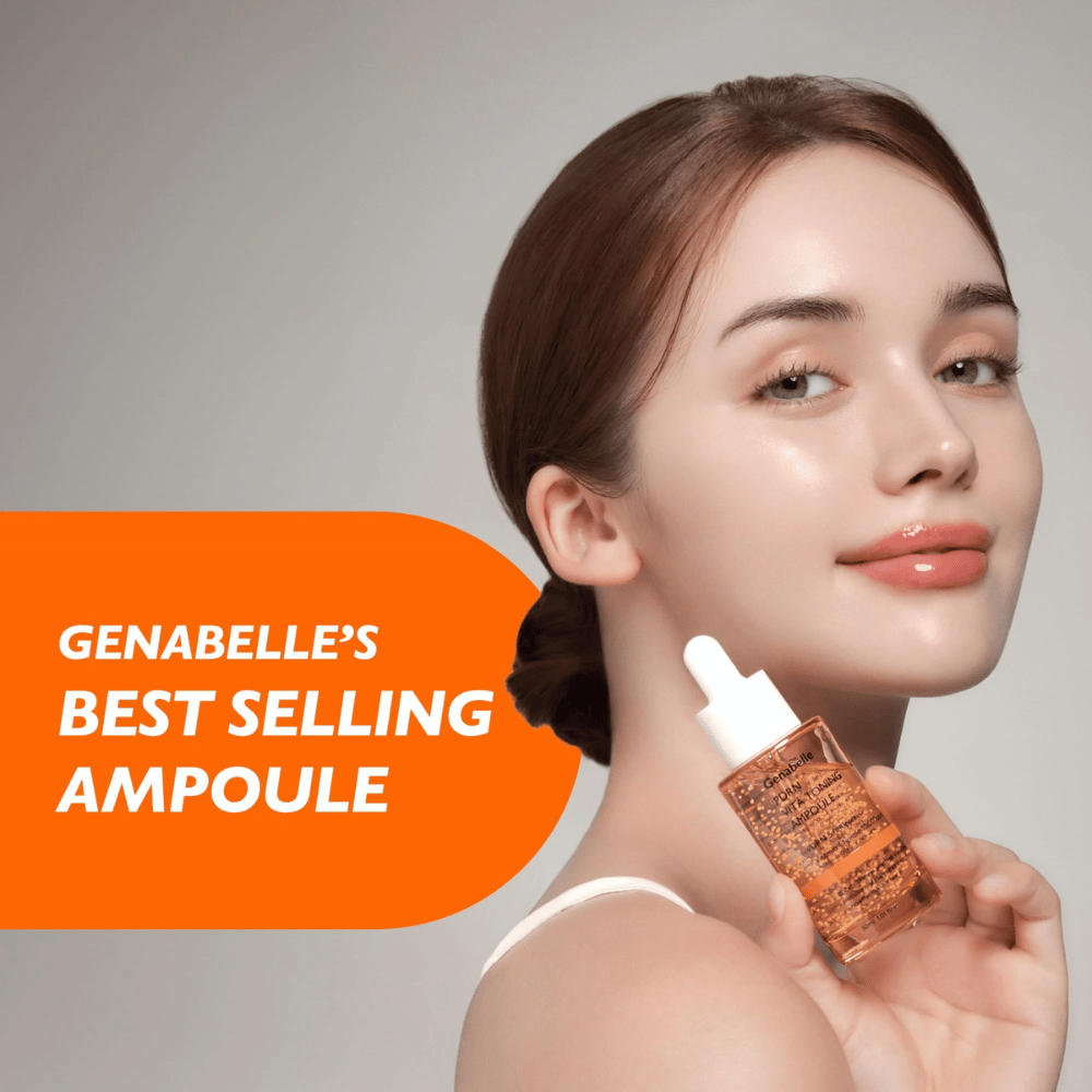 Modelo segura Genabelle PDRN Vita Toning Ampoule ao lado do rosto com foco em glow, luminosidade e pele hidratada de um sérum coreano com cápsulas de vitaminas e PDRN.