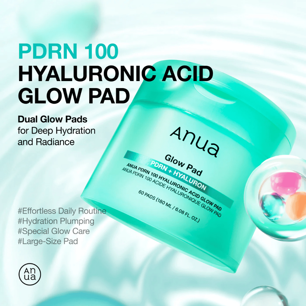 Anua PDRN 100 Hyaluronic Acid Glow Pad em jarra turquesa com texto que destaca hidratação, brilho e tamanho grande das almofadas – projetado para hidratação diária e luminosidade.