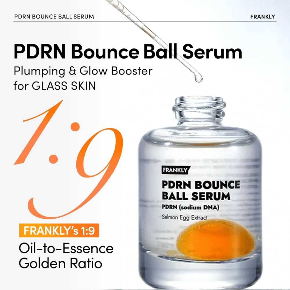 FRANKLY PDRN Bounce Ball Serum – sérum hidratante e reafirmante com uma proporção única de óleo para essência de 1:9 para um efeito de pele de vidro.