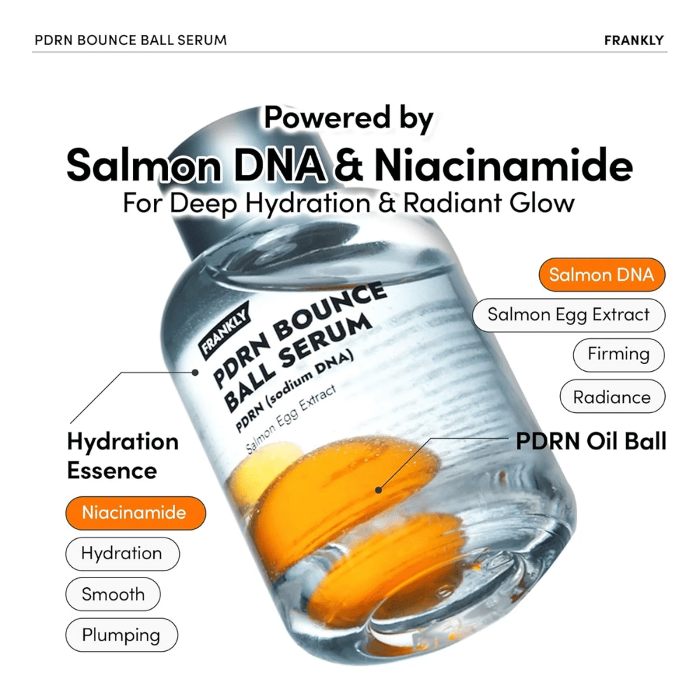 FRANKLY PDRN Bounce Ball Serum com DNA de salmão e niacinamida – hidratação profunda, firmeza e brilho radiante.