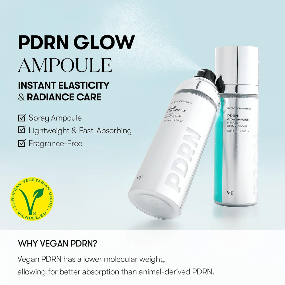 Imagem de duas garrafas de VT PDRN Glow Ampoule, um frasco spray e um frasco com bomba, com informações de que o produto proporciona elasticidade e brilho instantâneos. O texto menciona que o produto é leve, de rápida absorção e sem fragrância, e que contém vegan PDRN para melhor absorção. O rótulo V para conteúdo vegetariano também é visível.