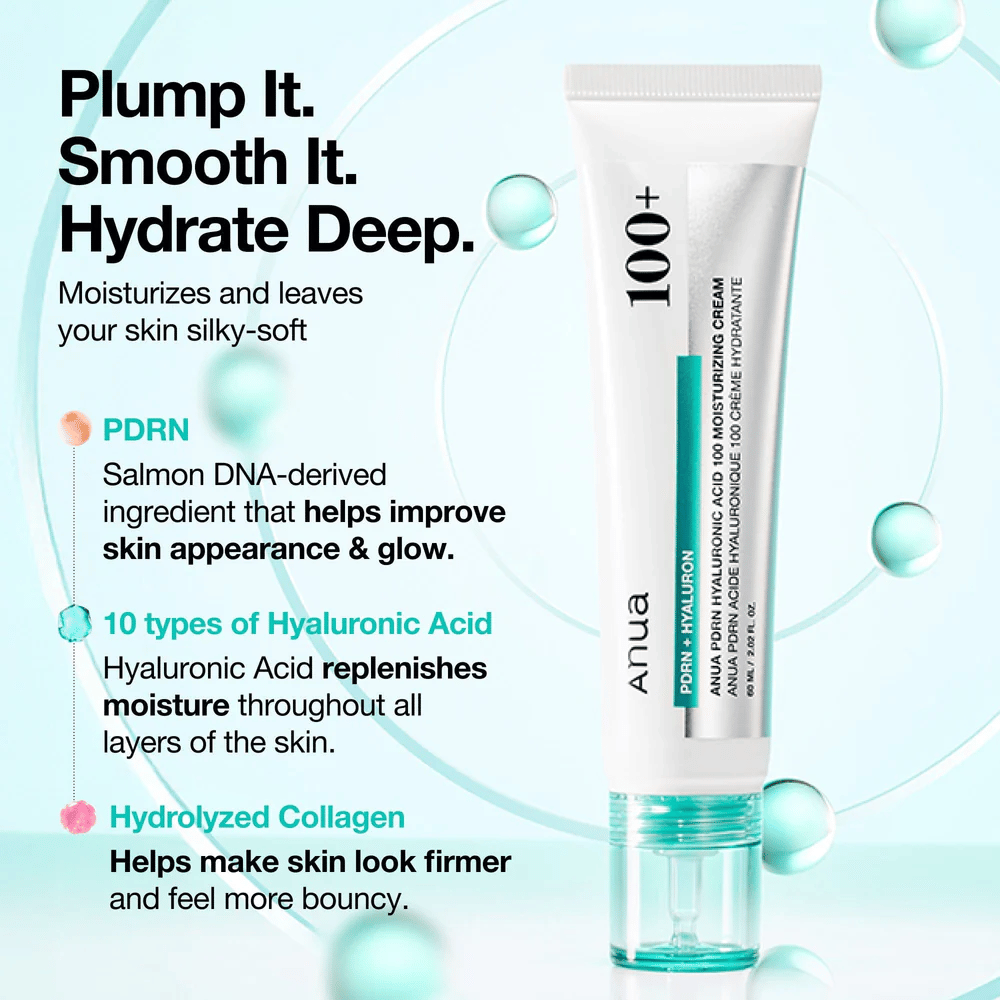 Anua PDRN Hyaluronic Acid 100 Moisturizing Cream com ácido hialurônico, PDRN e colágeno – hidrata, suaviza e fortalece a pele.