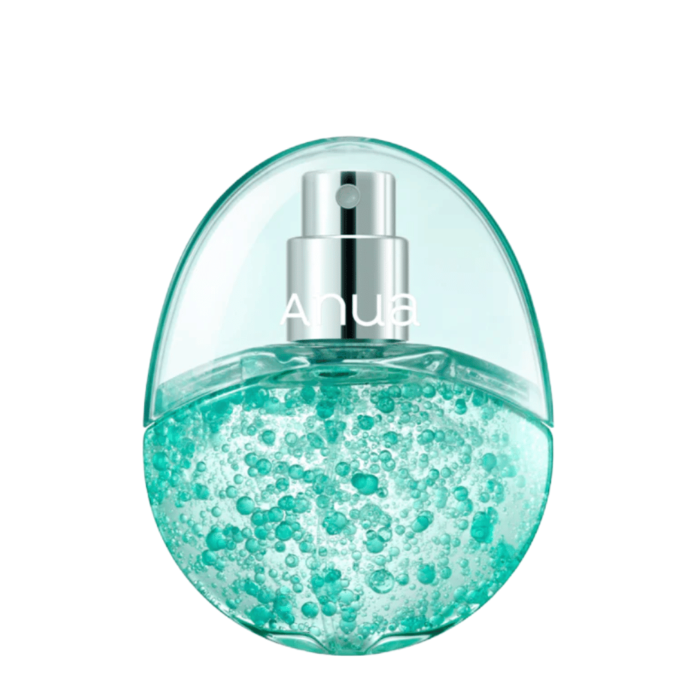 Imagem de produto recortada de Anua PDRN Hyaluronic Acid Hydrating Capsule Mist sobre um fundo claro. O frasco em forma de ovo tem uma parte superior transparente e uma parte inferior preenchida com cápsulas hidratantes turquesa que realçam a formulação única do produto e a sua sensação premium.