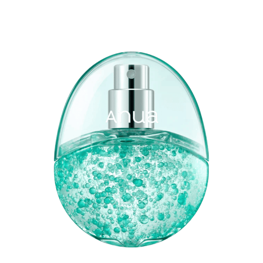 Imagem de produto recortada de Anua PDRN Hyaluronic Acid Hydrating Capsule Mist sobre um fundo claro. O frasco em forma de ovo tem uma parte superior transparente e uma parte inferior preenchida com cápsulas hidratantes turquesa que realçam a formulação única do produto e a sua sensação premium.