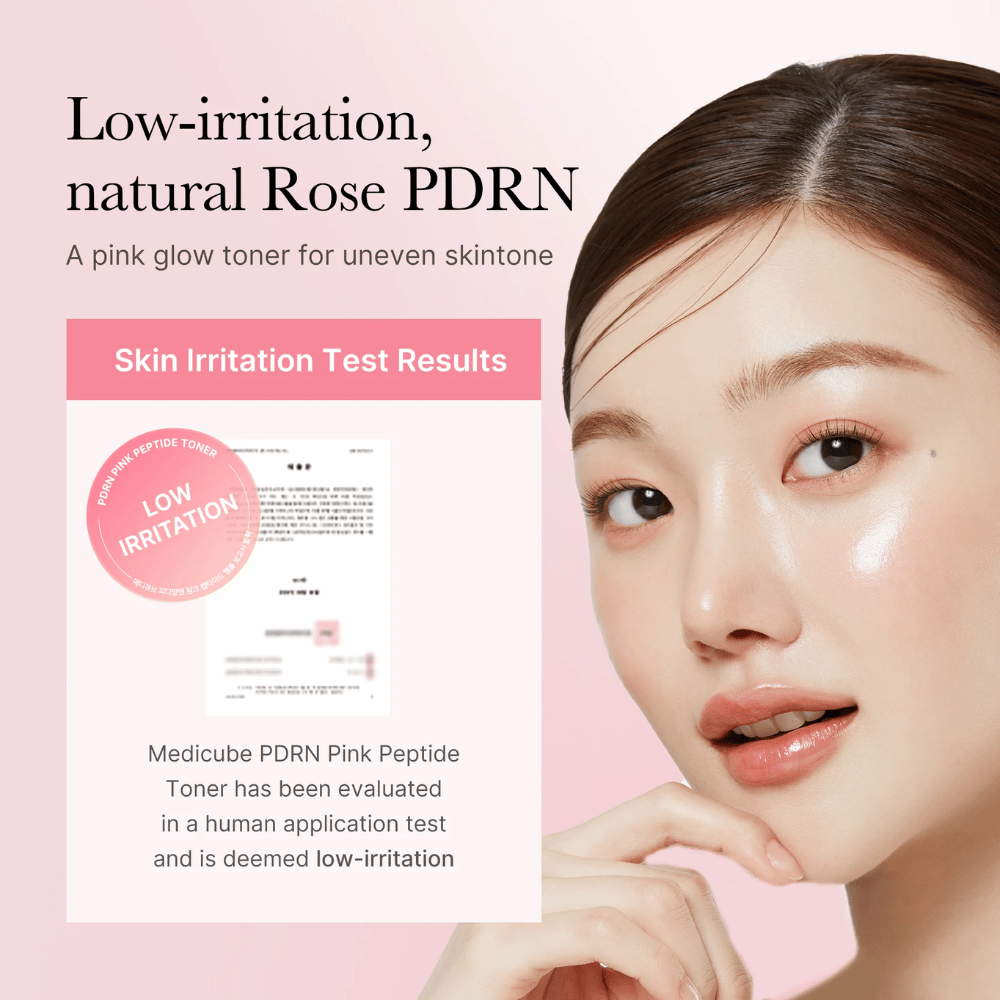 Medicube PDRN Pink Peptide Toner testado para baixa irritação, mostrado junto com modelo com pele uniforme e luminosa.