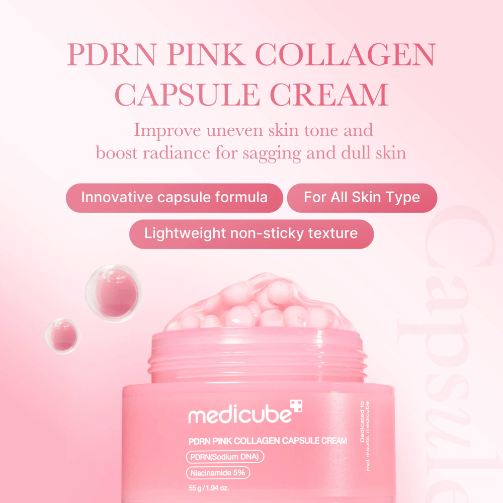 Frasco rosa com Medicube PDRN Pink Collagen Capsule Cream, cercado por bolhas semelhantes a cápsulas e texto que destaca as propriedades do creme para tom de pele irregular, brilho e todos os tipos de pele.