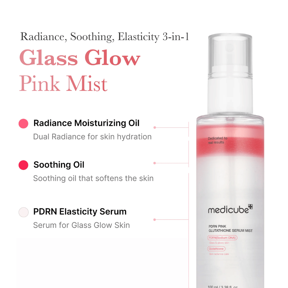 Imagem do produto de Medicube PDRN Pink Glutathione Serum Mist com três camadas: óleo hidratante, óleo calmante e sérum PDRN para brilho, elasticidade e pele macia.
