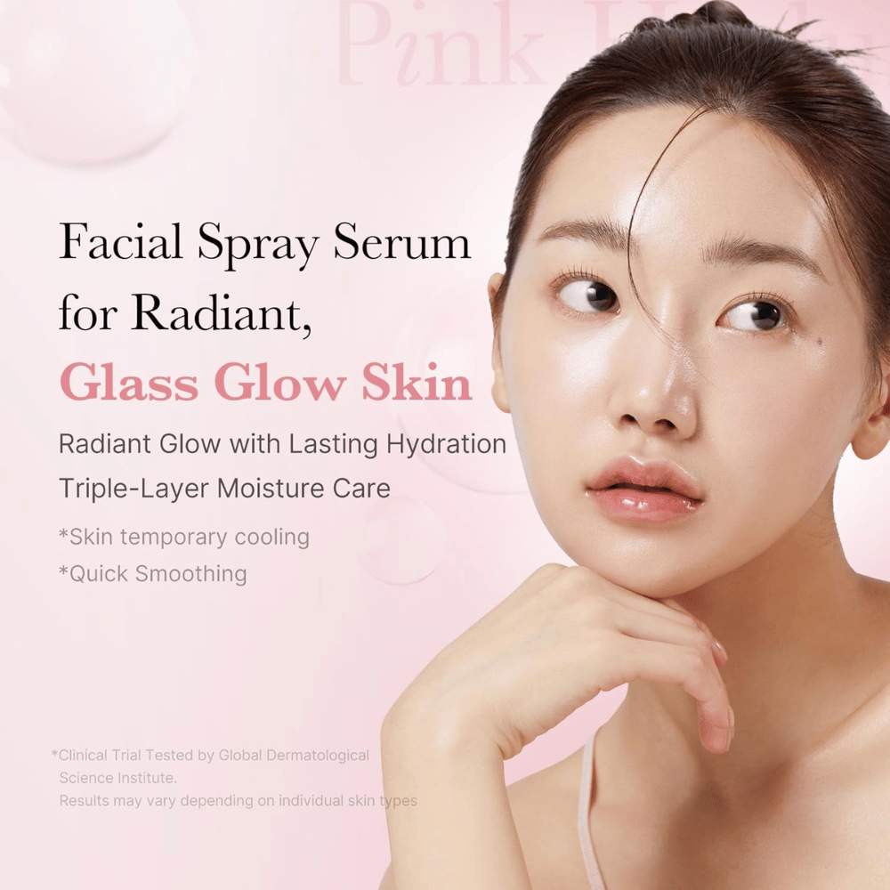 Mulher com pele brilhante e hidratada que ilustra o efeito de um sérum facial em spray para 'Glass Glow Skin'. Texto na imagem descreve hidratação, efeito refrescante e alisamento rápido.