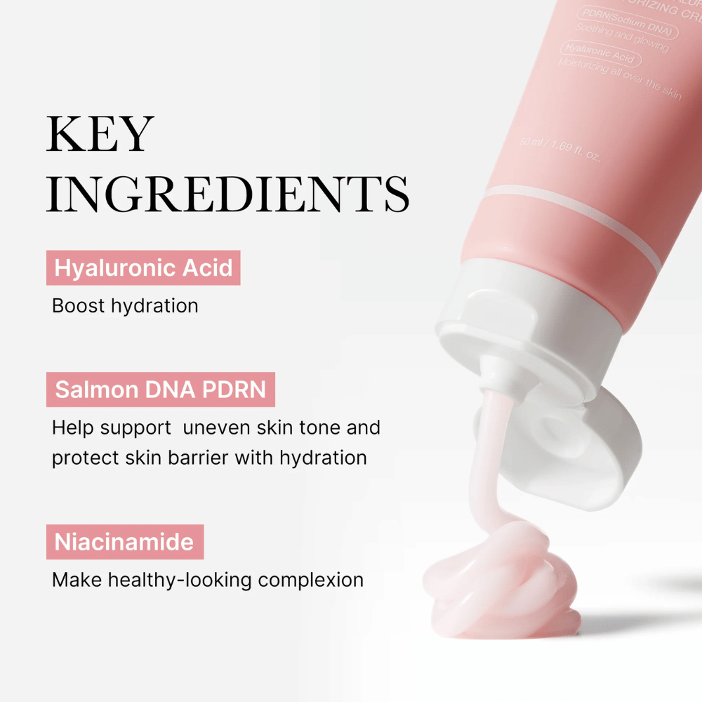 Medicube PDRN Pink Hyaluronic Moisturizing Cream com os ingredientes chave ácido hialurônico, DNA de salmão PDRN e niacinamida, mostrado com creme rosa do tubo.