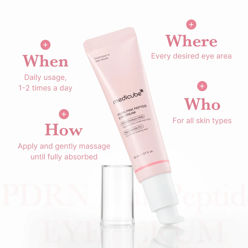 Medicube PDRN Pink Peptide Eye Cream, tubo de 30 ml. Creme para os olhos com PDRN e 5% de niacinamida. Usar 1-2 vezes por dia ao redor dos olhos. Adequado para todos os tipos de pele.