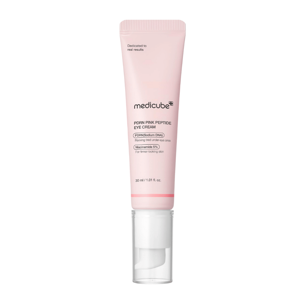 Medicube PDRN Pink Peptide Eye Cream em tubo rosa, 30 ml. Creme para os olhos com PDRN e 5% de niacinamida que revitaliza a pele cansada sob os olhos e proporciona uma aparência mais firme.