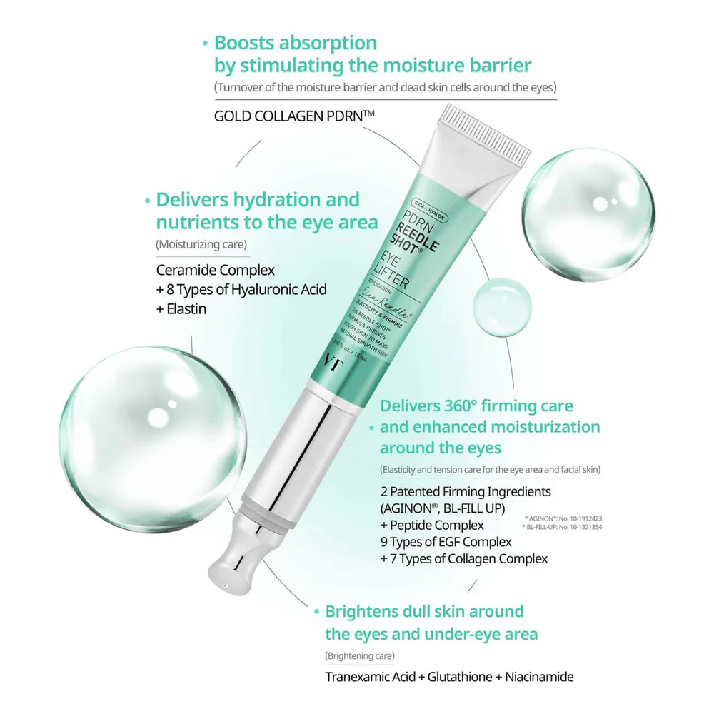 VT PDRN Reedle Shot Eye Lifter com péptidos, colagénio e ácido hialurónico que hidratam, reafirmam e melhoram a elasticidade da pele à volta dos olhos