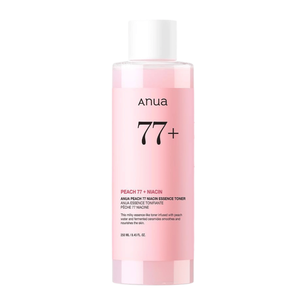 Anua Peach 77 Niacin Essence Toner em uma garrafa rosa transparente com tampa branca, contendo 250 ml de toner leitoso para um tom de pele mais uniforme e brilho.