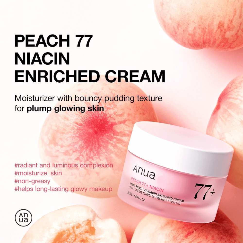Anua Peach 77% Niacin Enriched Cream – creme hidratante em forma de pudim que proporciona brilho e preenchimento com 77% de extrato de pêssego.