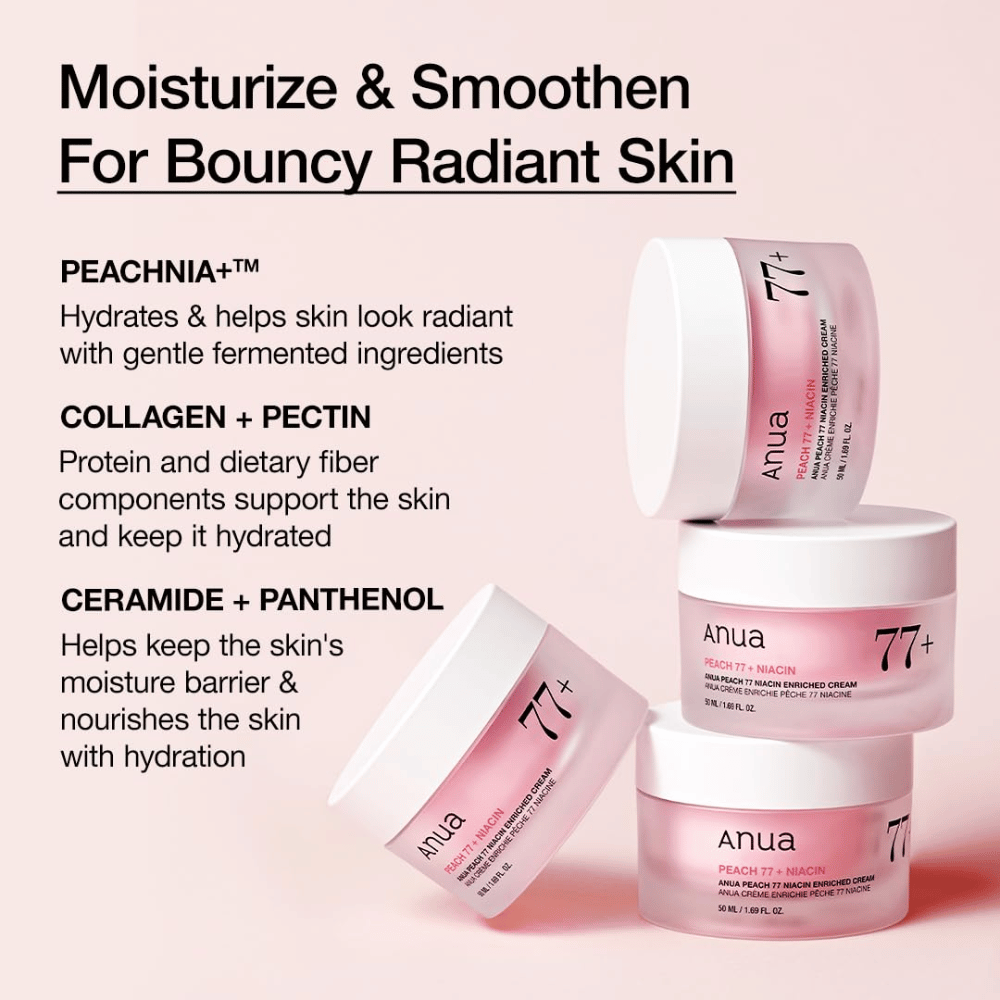 Anua Peach 77% Niacin Enriched Cream com PEACHNIA™, colágeno, pectina, ceramida e pantenol para uma pele hidratada e suave.