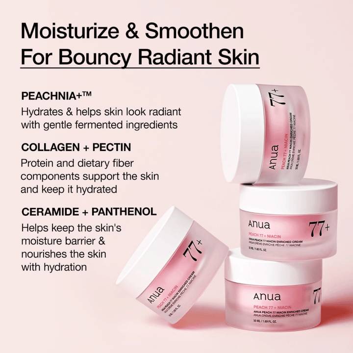 Anua Peach 77% Niacin Enriched Cream com PEACHNIA™, colágeno, pectina, ceramida e pantenol para uma pele hidratada e suave.