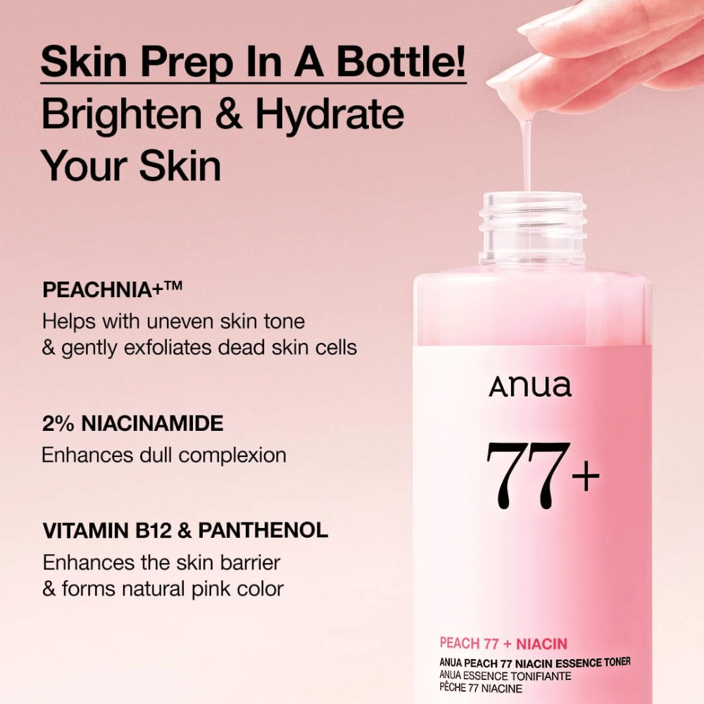 Anua Peach 77 Niacin Essence Toner em garrafa rosa, com texto destacando PEACHNIA+, 2% de niacinamida, além de vitamina B12 e pantenol para iluminar a pele e fortalecer a barreira.