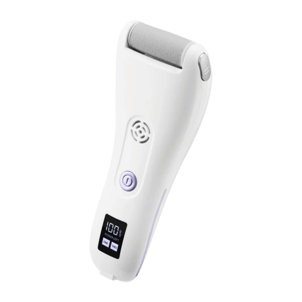 9. BAREN Pedi Mate Dual Power Vacuum Type Electric Callus Remover – lima elétrica recarregável para pés branca com visor digital e detalhes roxos