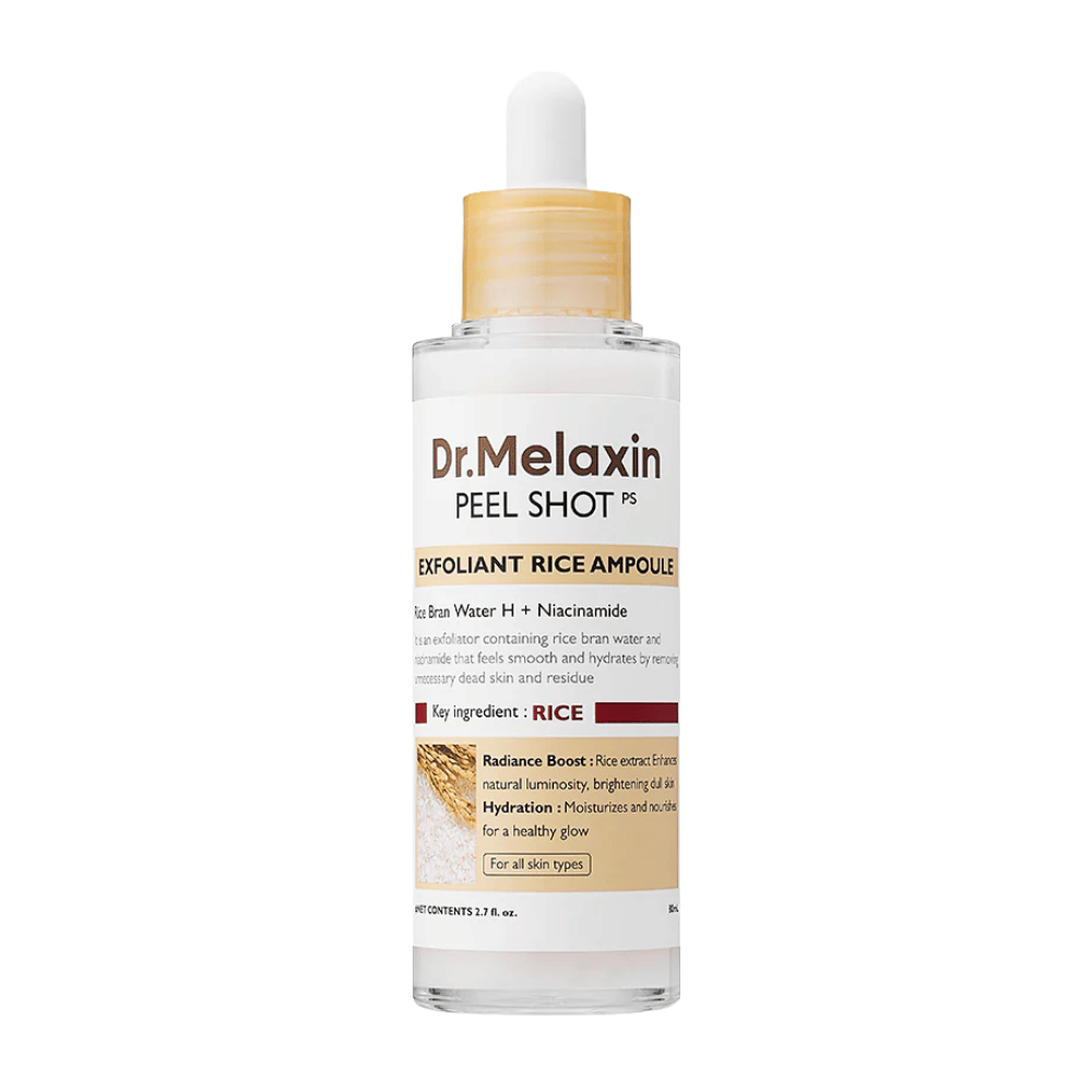 Dr.Melaxin Peel Shot Exfoliant Rice Ampoule em vista completa contra fundo branco, soro facial esfoliante com extrato de arroz e niacinamida para um tom de pele mais uniforme e brilho aumentado.