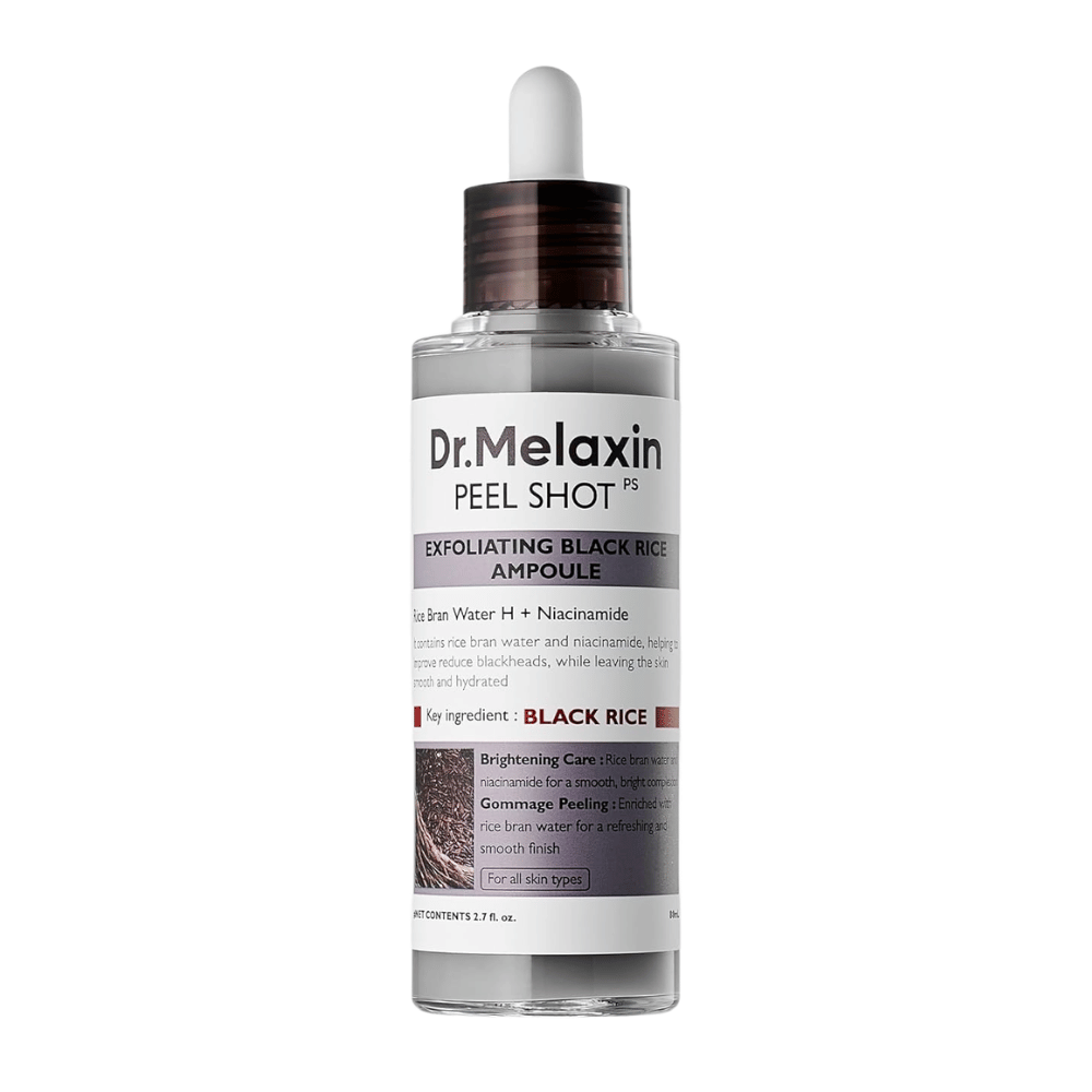 Dr.Melaxin Peel Shot PS Exfoliating Black Rice Ampoule 80ml com niacinamida e água de arroz para uma esfoliação química suave
