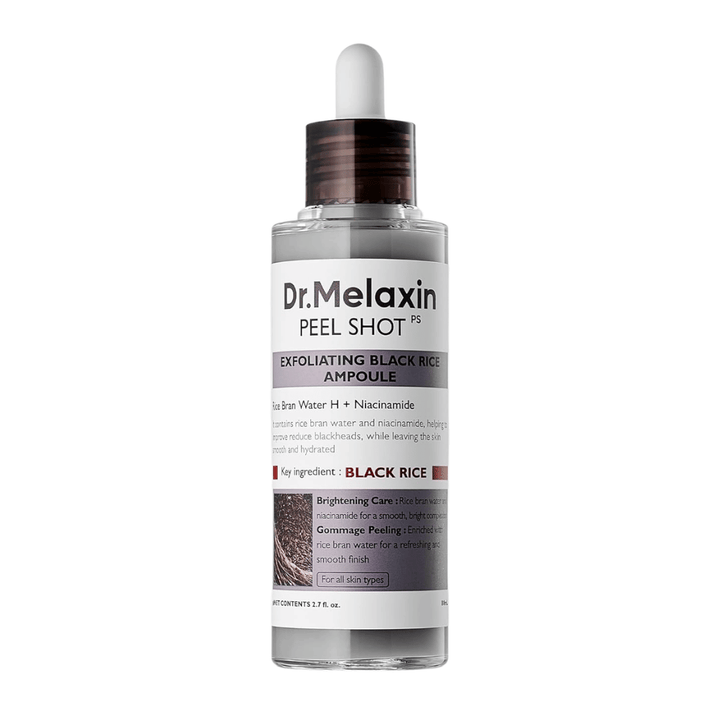 Dr.Melaxin Peel Shot PS Exfoliating Black Rice Ampoule 80ml com niacinamida e água de arroz para uma esfoliação química suave