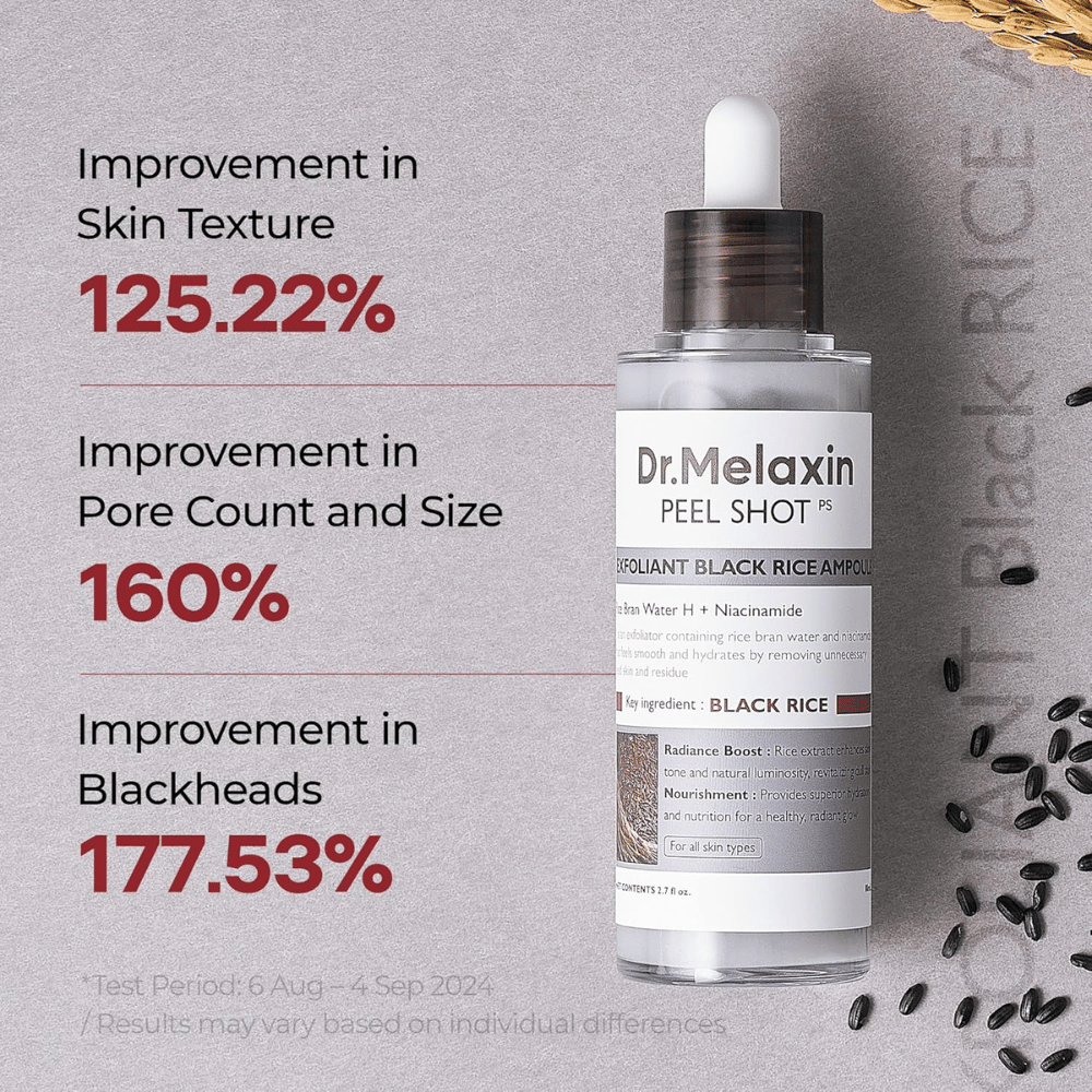 Dr.Melaxin Peel Shot Black Rice Ampoule melhora a textura da pele, reduz poros e diminui cravos