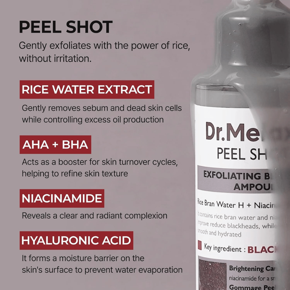 Dr.Melaxin Peel Shot Black Rice Ampoule com extrato de água de arroz, AHA BHA, niacinamida e ácido hialurônico para esfoliação e refinamento de poros