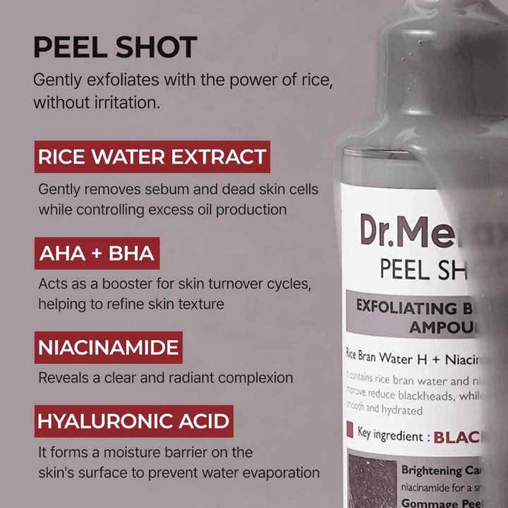 Dr.Melaxin Peel Shot Black Rice Ampoule com extrato de água de arroz, AHA BHA, niacinamida e ácido hialurônico para esfoliação e refinamento de poros