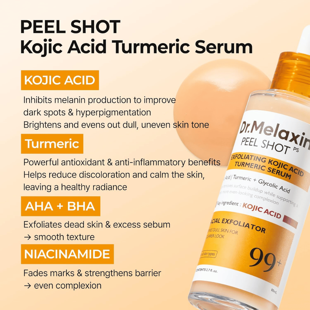 Sérum esfoliante com ácido kójico e curcuma que é massajado na pele para reduzir a hiperpigmentação e proporcionar luminosidade