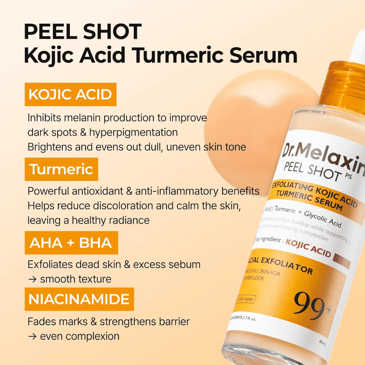 Sérum esfoliante com ácido kójico e curcuma que é massajado na pele para reduzir a hiperpigmentação e proporcionar luminosidade