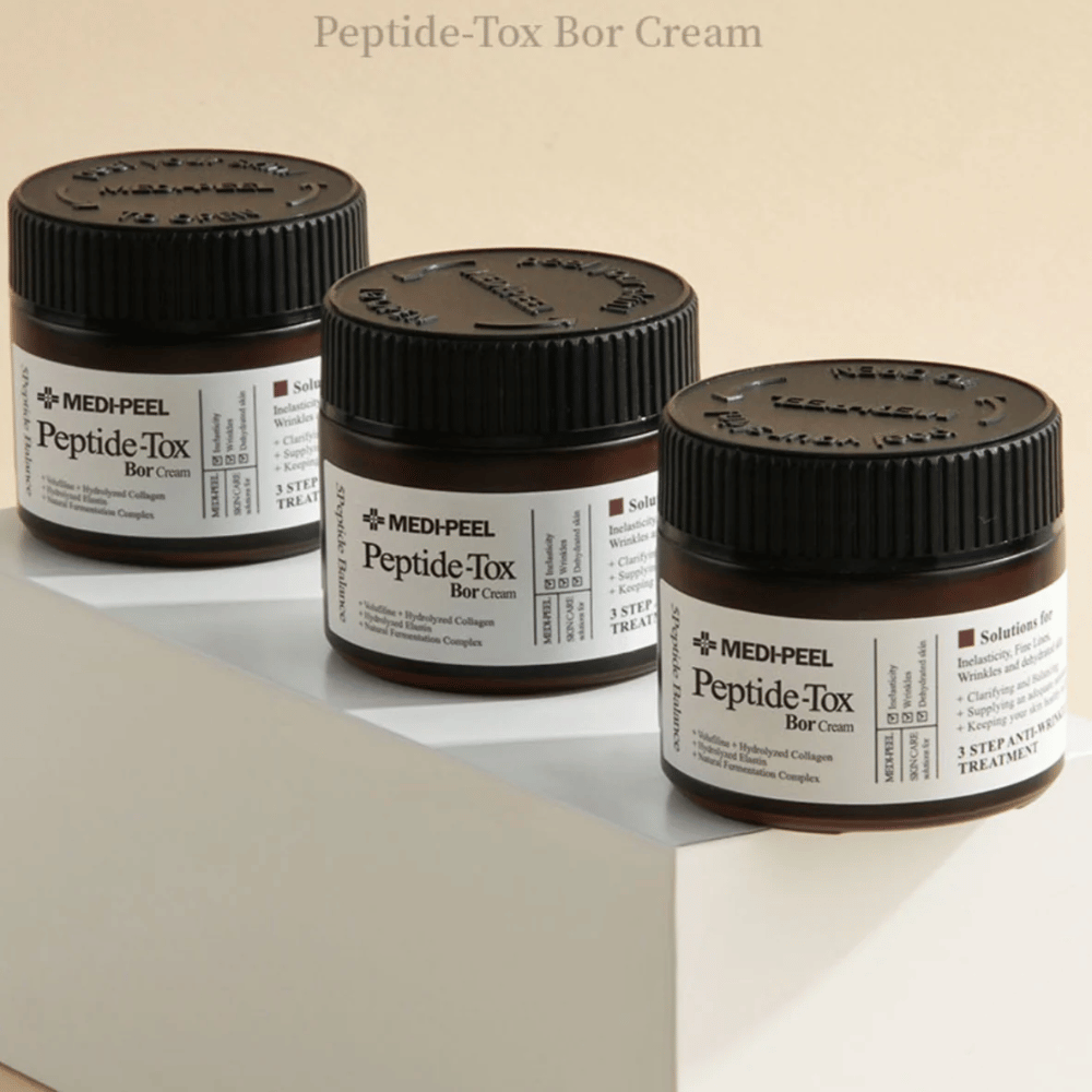 MEDI-PEEL Peptide-Tox Bor Cream em grupo – creme facial anti-idade com complexo de peptídeos e colágeno que fortalece a barreira da pele e proporciona uma pele mais firme e elástica.