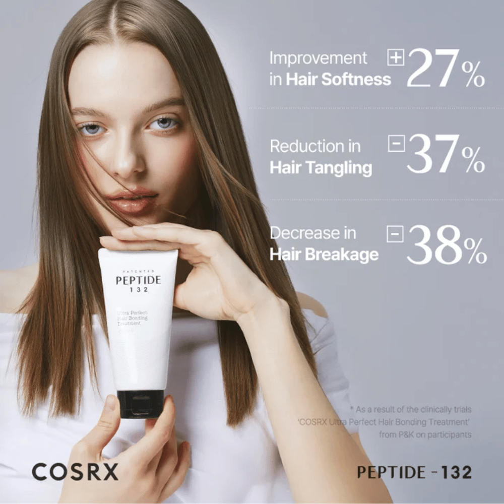 Mulher segurando COSRX Peptide 132 Treatment – mostra resultados clínicos com redução da quebra de cabelo e aumento da suavidade.