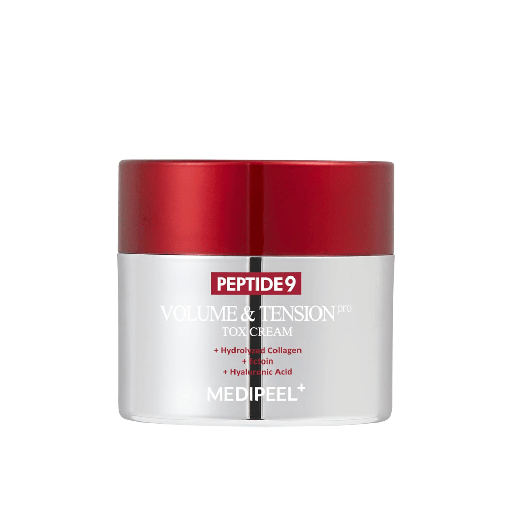 MEDI-PEEL Peptide 9 Volume & Tension Tox Cream em pote prateado com tampa vermelha. Um creme anti-envelhecimento com peptídeos e colágeno que fortalece a elasticidade da pele.