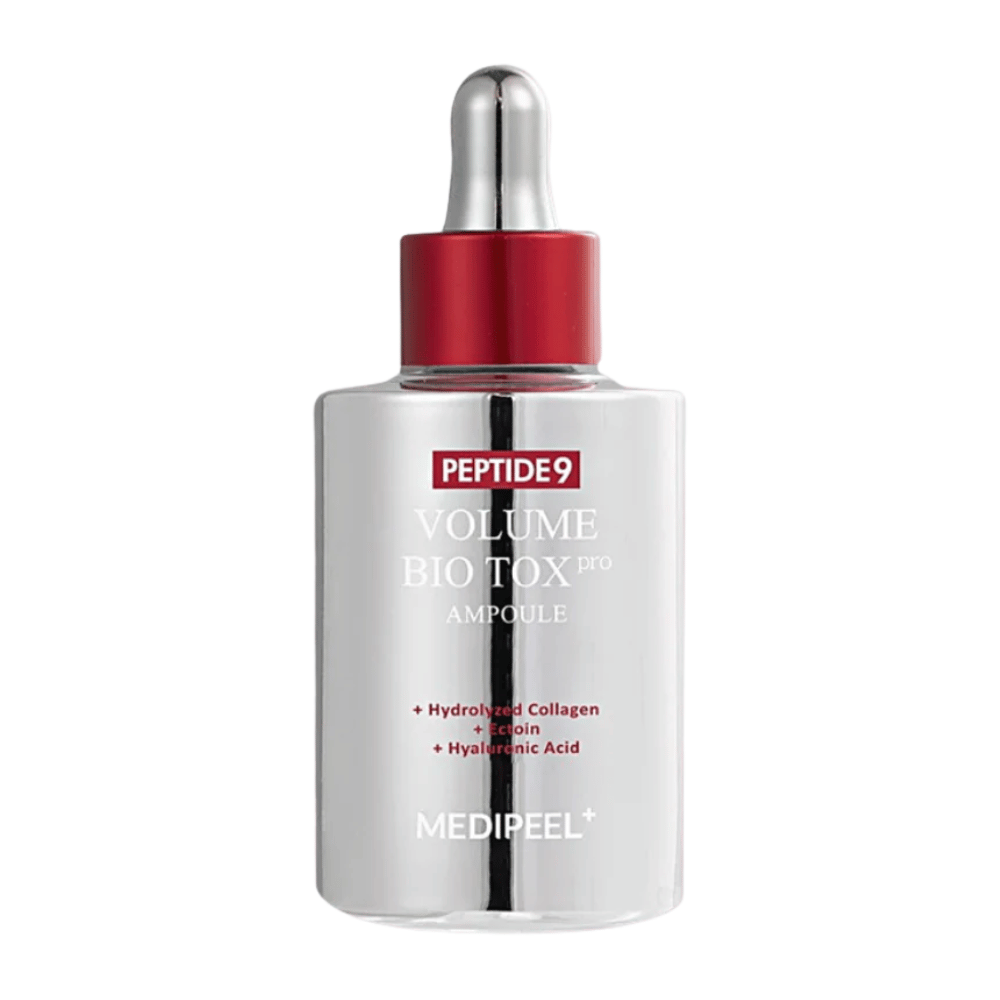 MEDI-PEEL Peptide 9 Volume Bio Tox Pro Ampoule em frasco prateado com pipeta vermelha. Um sérum anti-envelhecimento que oferece firmeza, volume e hidratação intensa.