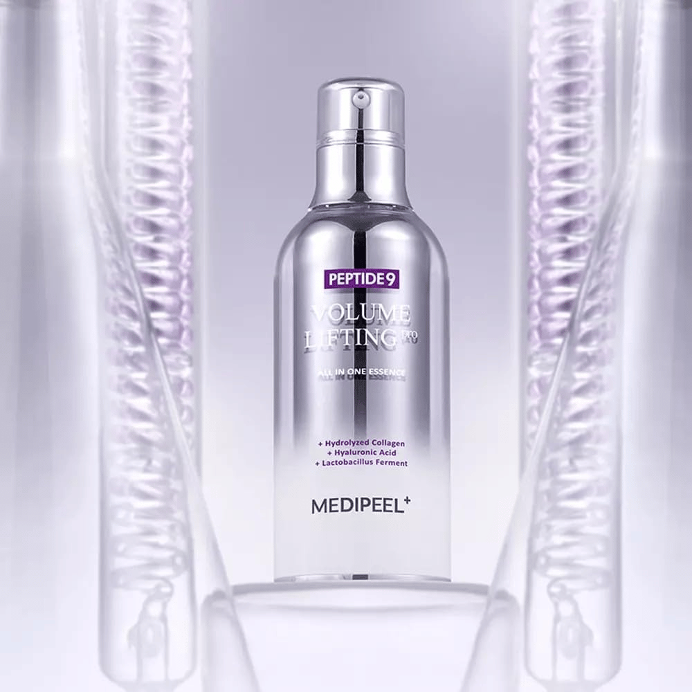 Medi-Peel Peptide 9 Volume Lifting Essence cuidados com a pele – essência coreana com peptídeos e colágeno que ajudam a reduzir linhas finas e fortalecer a barreira da pele.