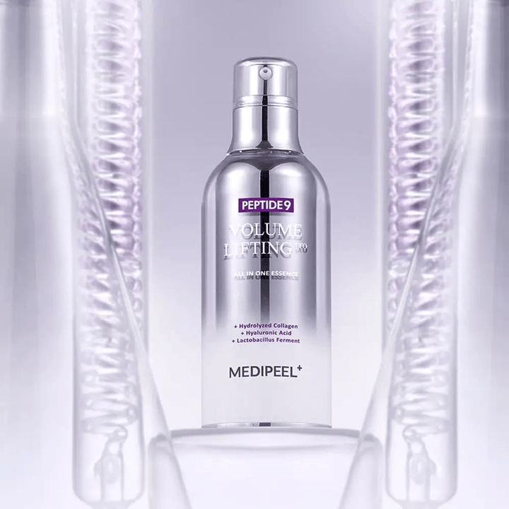 Medi-Peel Peptide 9 Volume Lifting Essence cuidados com a pele – essência coreana com peptídeos e colágeno que ajudam a reduzir linhas finas e fortalecer a barreira da pele.