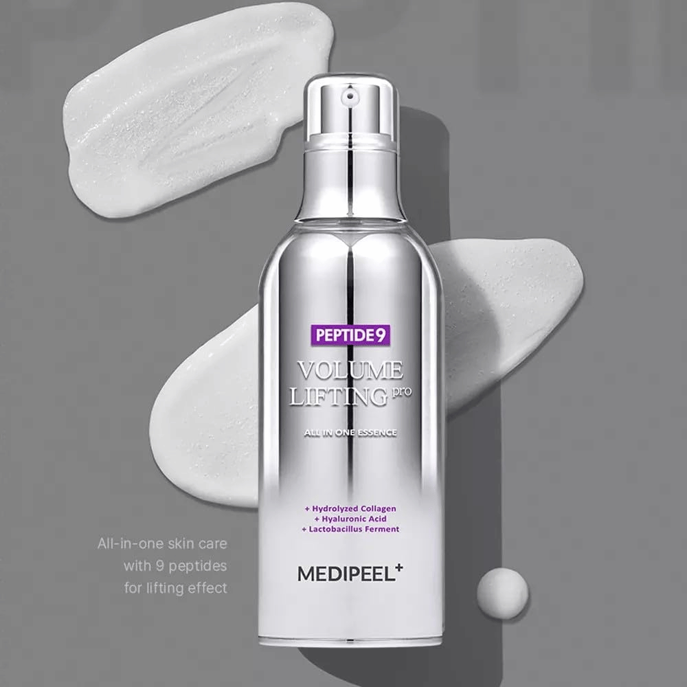 Medi-Peel Peptide 9 Volume Lifting All In One Essence Pro – essência coreana com peptídeos, colágeno e ácido hialurônico que ajudam a hidratar a pele e melhorar a elasticidade da pele.