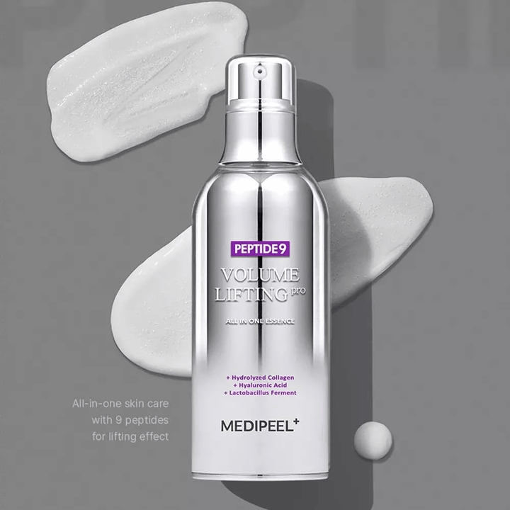 Medi-Peel Peptide 9 Volume Lifting All In One Essence Pro – essência coreana com peptídeos, colágeno e ácido hialurônico que ajudam a hidratar a pele e melhorar a elasticidade da pele.