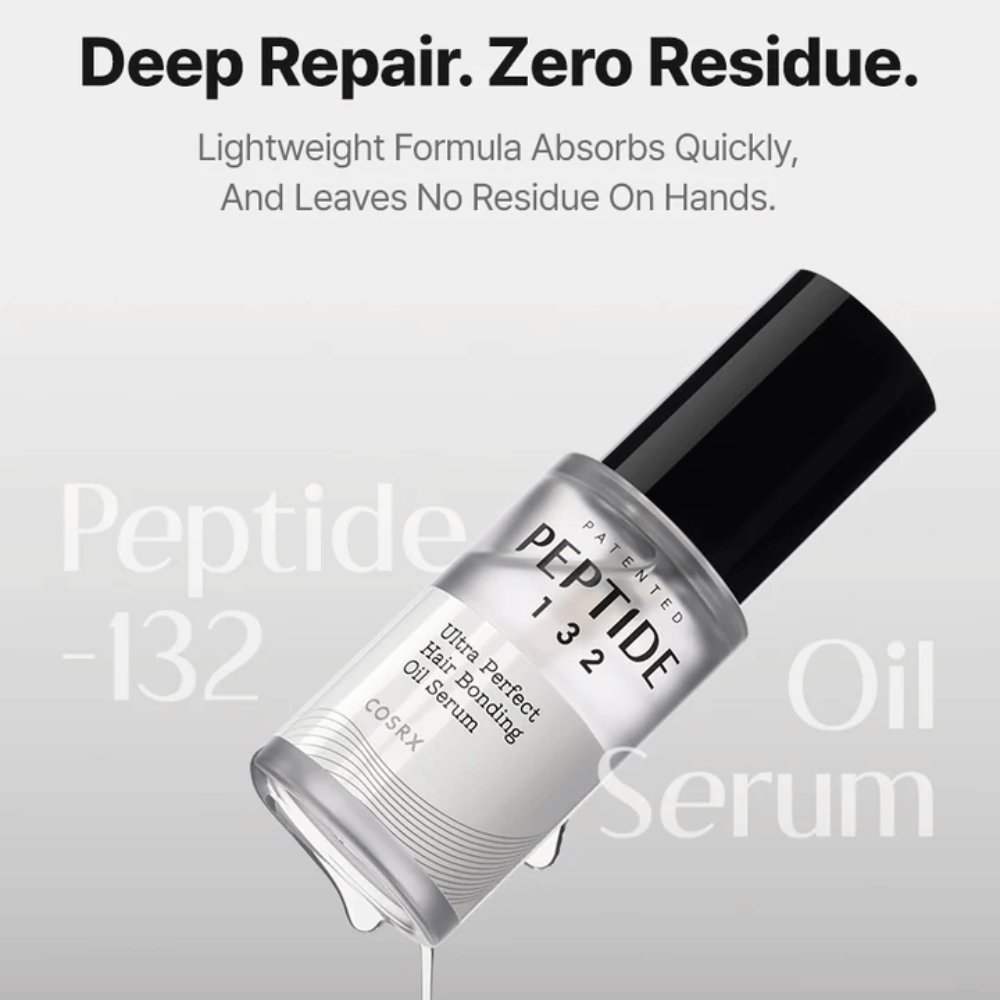 COSRX Peptide 132 Oil Serum – fórmula leve que é rapidamente absorvida e repara o cabelo sem deixar resíduos.